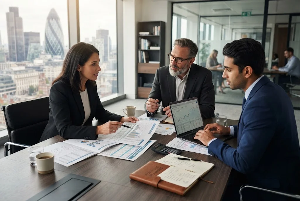 Investors discussing a collaborative investment strategy around a table
