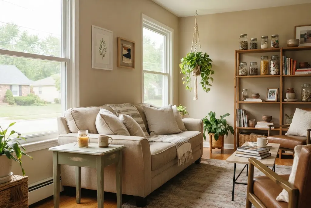 Budget-friendly DIY decor including painted furniture, wall art, plants, candles, and storage jars