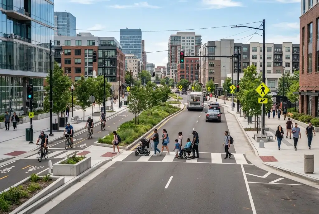 Safe urban street with pedestrian crossing, sidewalks, bike lane, and traffic signals