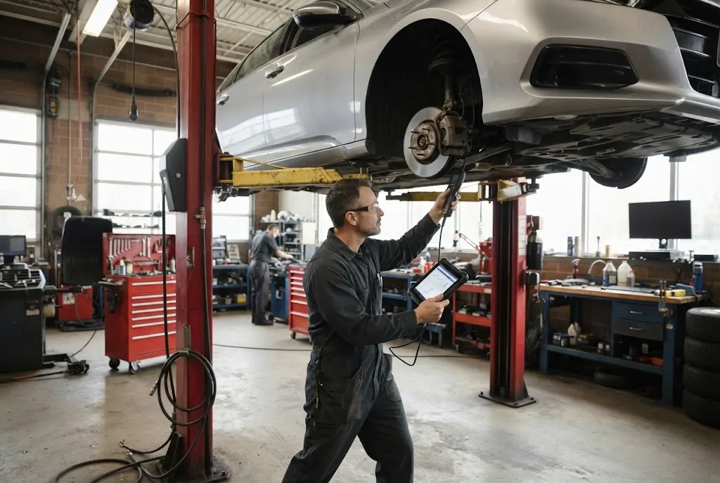 Mechanic inspecting a vehicle during professional auto repair service