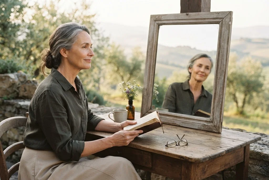 Mature woman reflecting on inner beauty beside an open Bible
