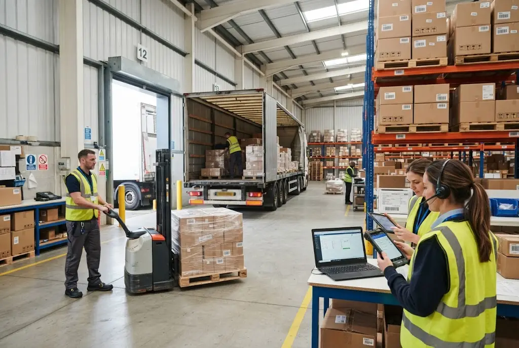 Logistics workers coordinating shipments inside a modern distribution warehouse