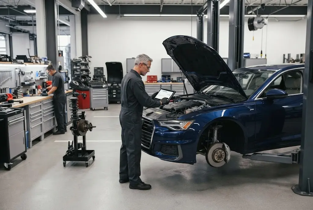 Professional technician performing vehicle inspection and auto repair service