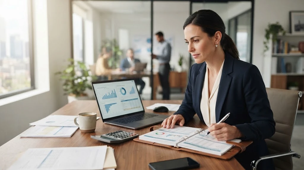 Professional reviewing financial information and business finance documents