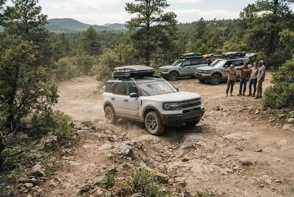 Ford Bronco Sport-style vehicles and enthusiasts gathered beside a rocky off-road trail