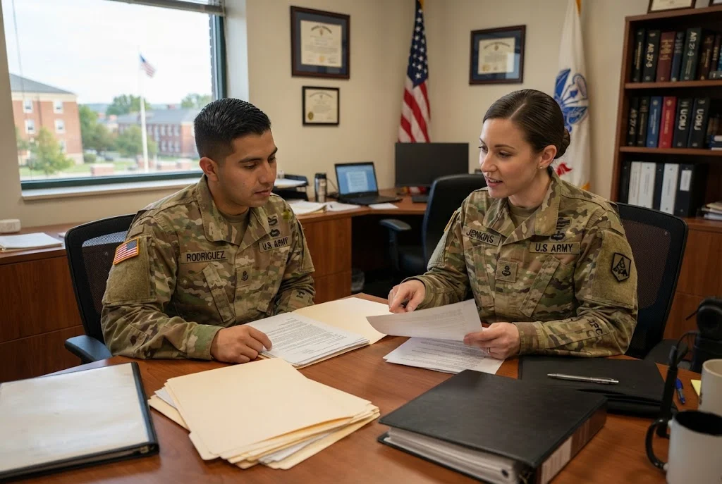 Military legal professional reviewing documents with a service member