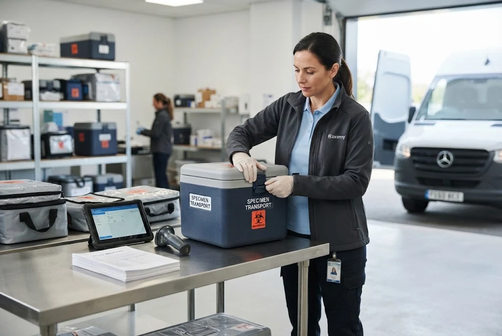 Independent contractor preparing laboratory materials for secure transportation