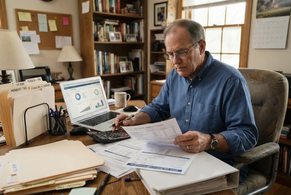 Retiree reviewing Social Security and pension documents