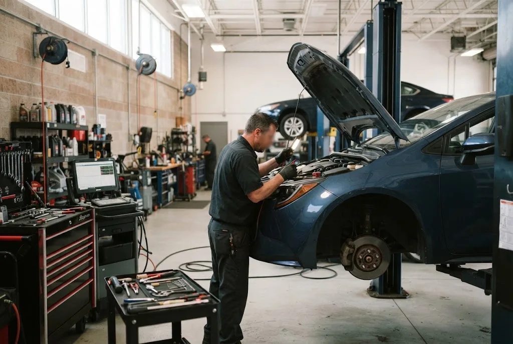 Mechanic inspecting a vehicle during professional auto service