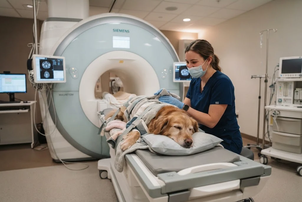 Dog receiving advanced veterinary MRI diagnostic care