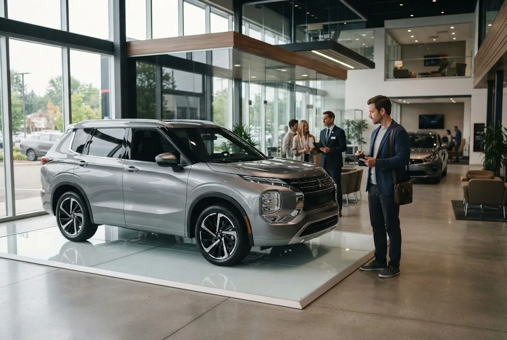 Modern Mitsubishi vehicle in a dealership-style showroom