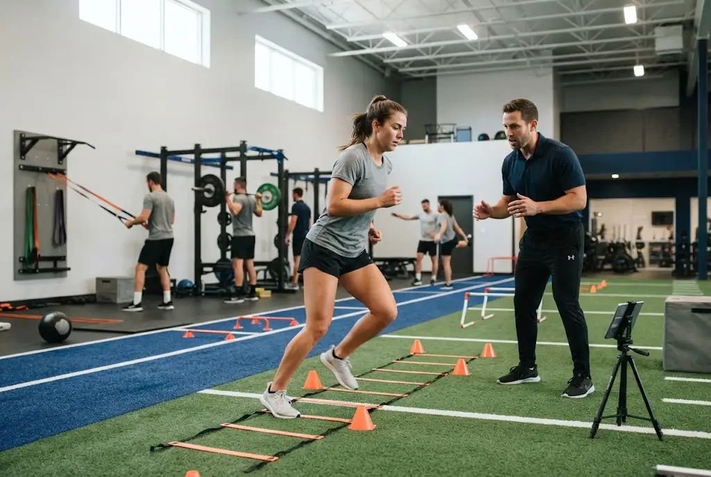 Athletes practicing agility drills with a coach in a modern sports training facility