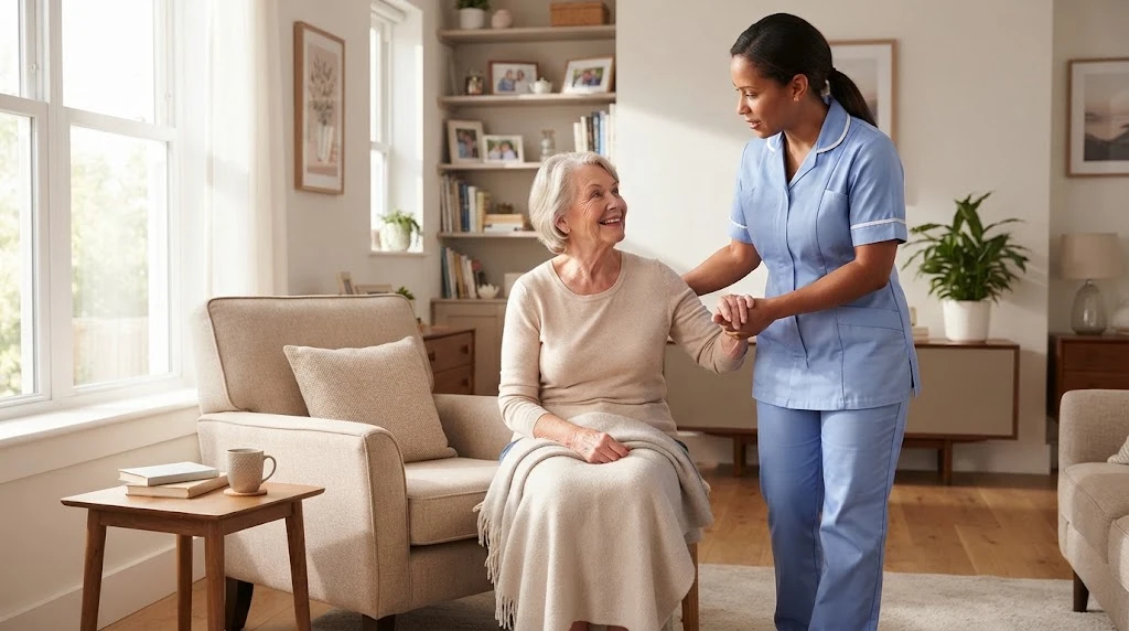 Professional caregiver providing compassionate home care to an older adult