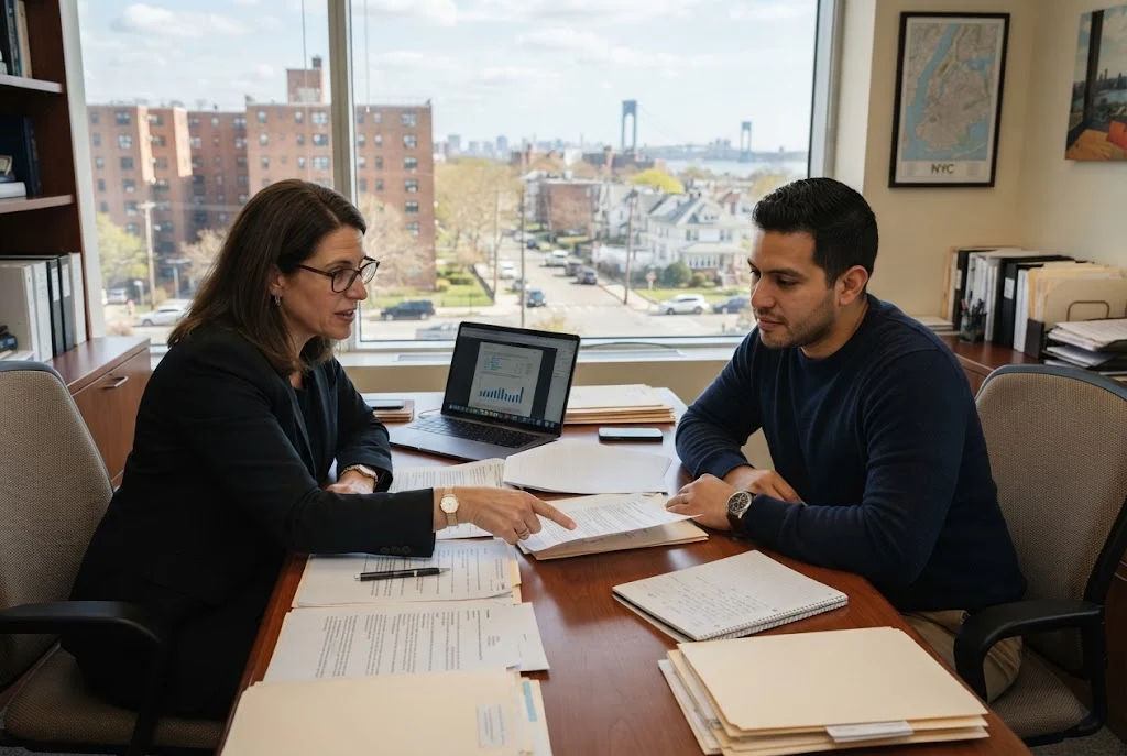 Lawyer reviewing legal documents with a client in Staten Island
