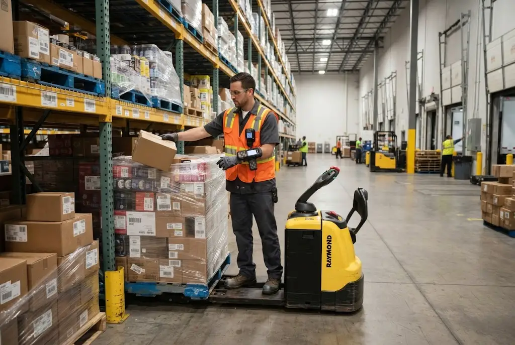 Order selector working in a modern warehouse distribution center