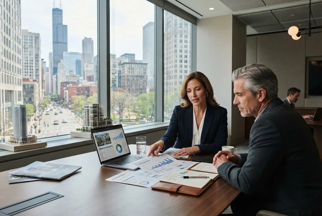 Real estate advisor reviewing investment property information with an investor