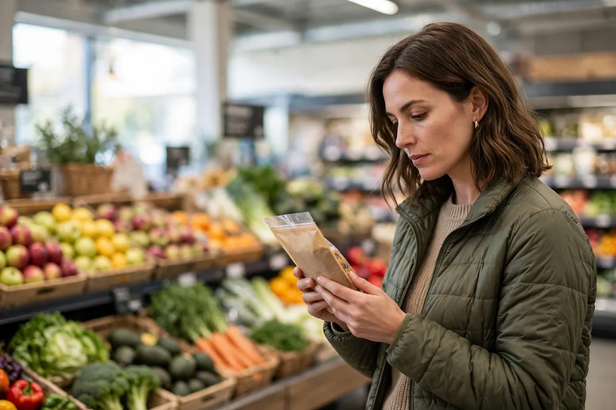 how to read food labels shopper checking a product label in a grocery store