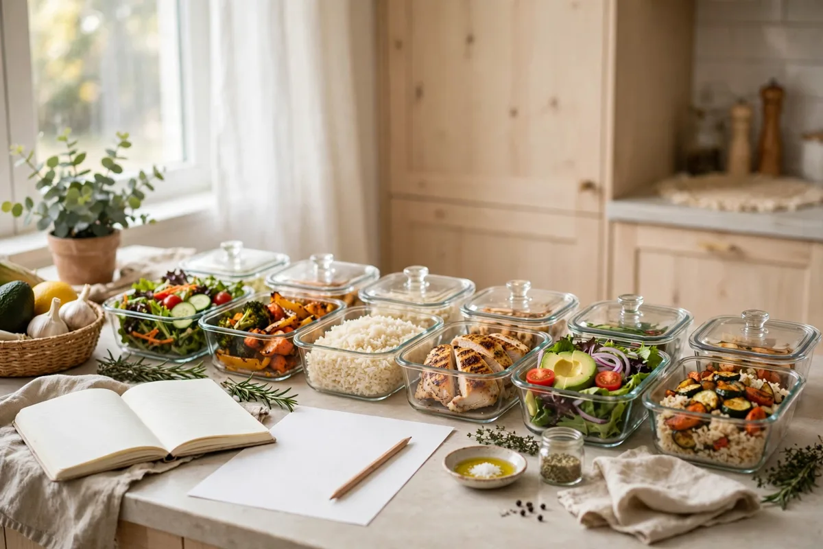 Meal planning for beginners with weekly meal prep containers and a grocery list