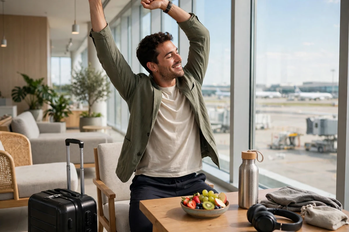 stay healthy while traveling traveller stretching with water bottle at airport