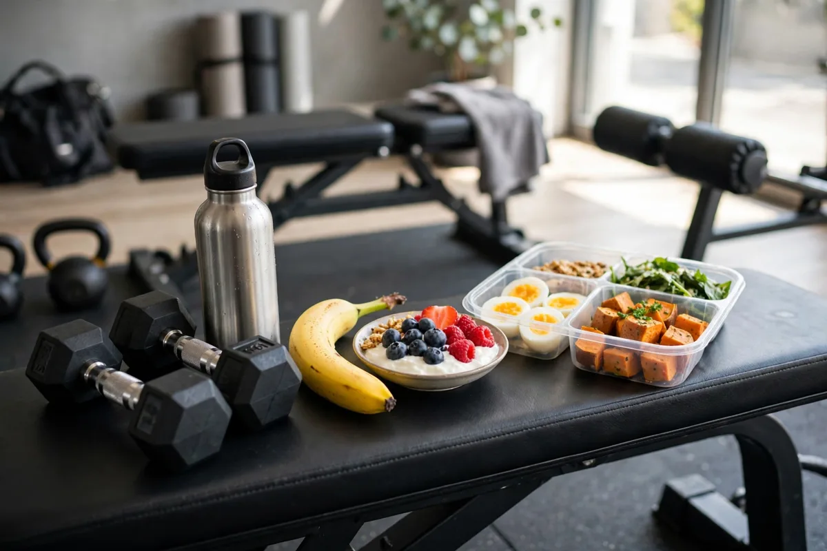 What to eat before and after a workout — banana, yogurt with berries and a protein meal beside gym equipment